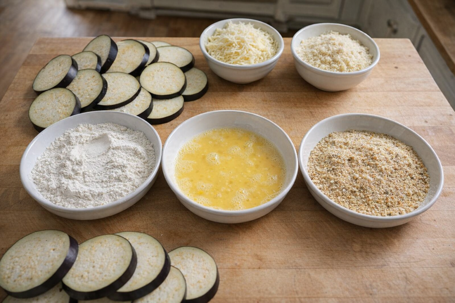 A top-down shot of a breading station for eggplant parmesan. Three shallow dishes contain flour, beaten eggs, and breadcrumbs. Sliced eggplant rounds are arranged nearby, along with bowls of grated mozzarella and parmesan cheese, natural light